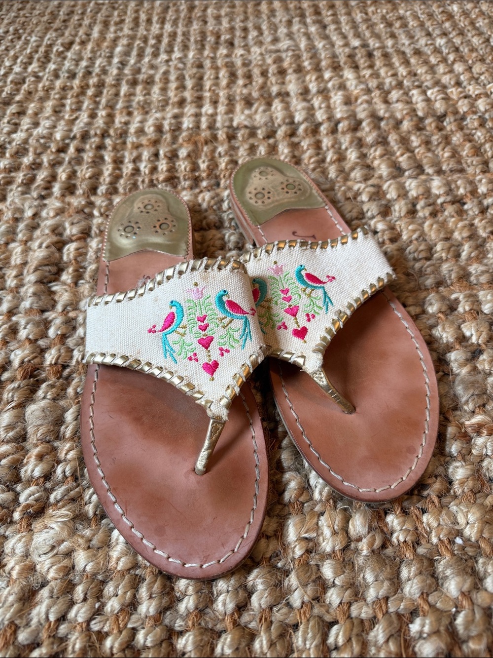 Jack Rogers White Canvas Embroidered Thong Sandals with Pink & Teal Accents
